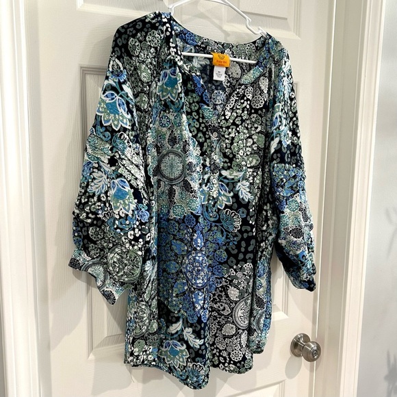 Ruby Rd. Women Peasant Boho Blue Green Patterned Top Plus Size 2X V-Neck Button - Picture 6 of 13